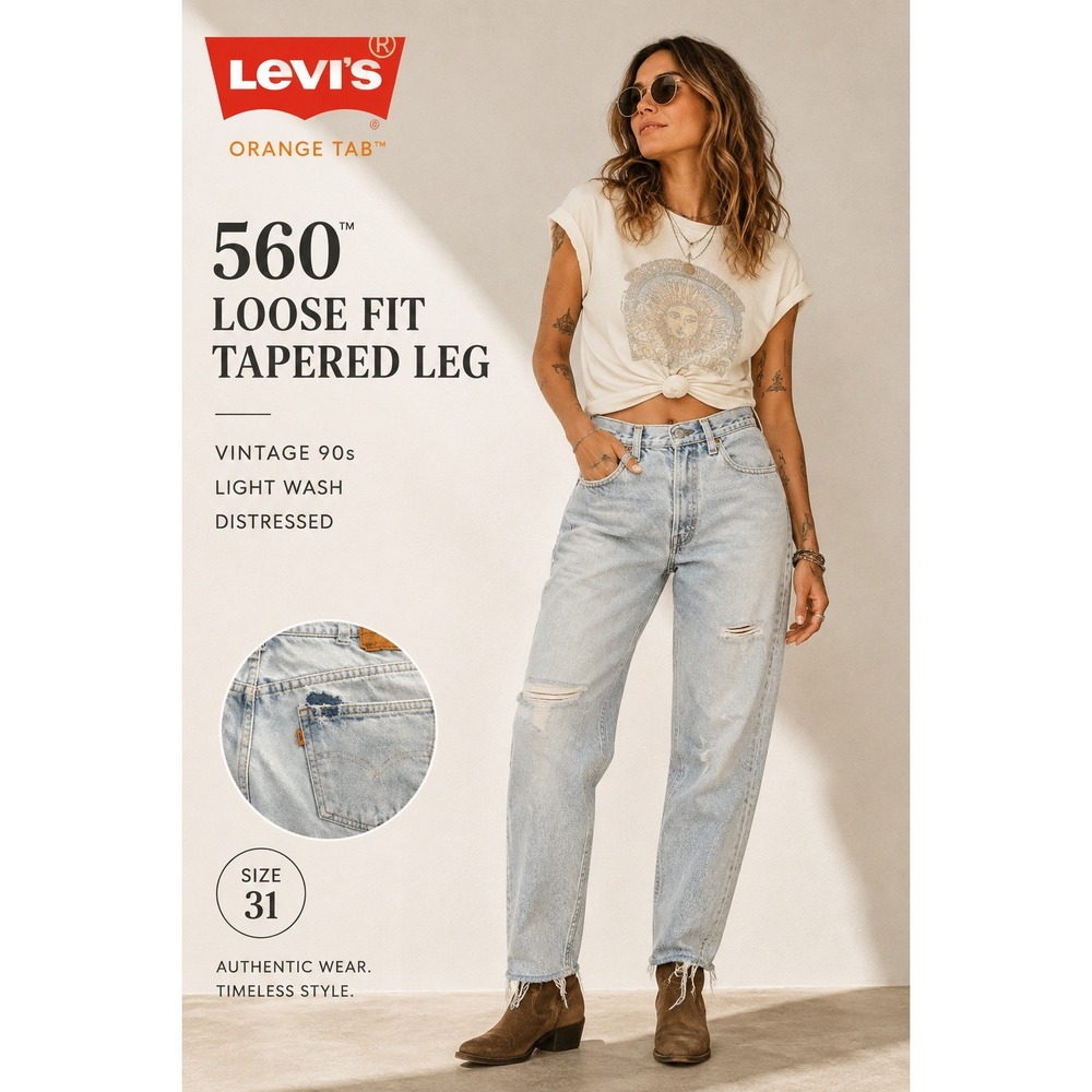 Levi's 560 Loose Fit Tapered Leg Jeans Women 31 Light Wash Distressed Orange Tab